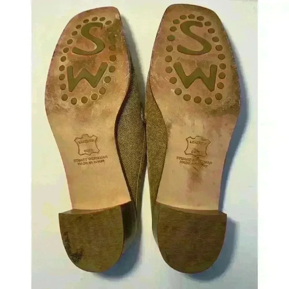 Stuart Weitzman Slide Women 7B Tan Beige Fabric Slip On Buckle Block Heel Spain